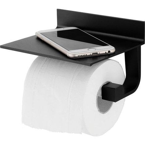 Support Pour Papier Toilette Avec Étagère - Acier Inoxydable 304 - Auto-Adhésif - 33 x 12 x 8,2 cm - Noir Argenté - 1 Pièce (1/5)