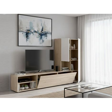 Dmora - Parete attrezzata Abrino, Composizione soggiorno, Mobile salotto multiuso, Armadio porta TV, 227x40 h141 cm, Bianco e Rovere (1/4)