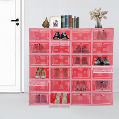 Boîtes à Chaussures Lot de 24 Boite Rangement Chaussures Empilables Avec Couvercle Transparent,Pliables Organisateur,pour Femmes/Hommes (rose) (1/5)