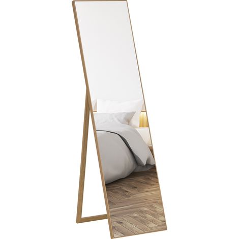 HOMCOM Standspiegel, Ganzkörperspiegel mit Holzmaserung, Ankleidespiegel, Schminkspiegel für Schlafzimmer, Wohnzimmer und Eingangsbereich, Silber+Hellbraun, 40 x 150 cm