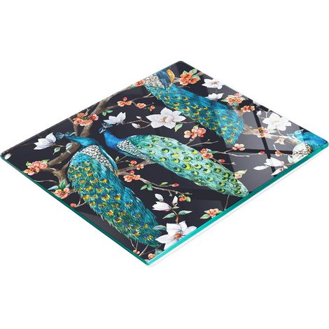 Tabla decorativa multifuncional para cocina, fabricada en vidrio templado con diseño de pavo real, 60x52 cm. (1/5)