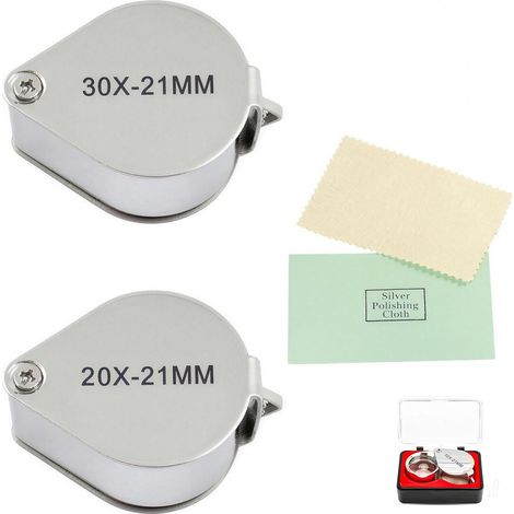 Lente d'ingrandimento da gioielliere 30x e 20x, argento, per gioiellieri, antiquari, orologi, pietre preziose, giornali e libri. (1/5)