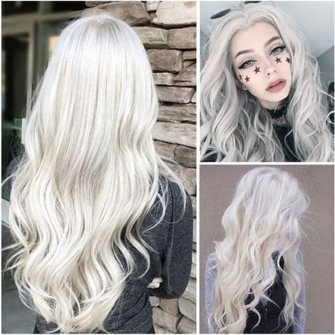 Perruque longue bouclée blanche naturelle pour femme (Grise), cheveux synthétiques ondulés, bordure avant complète, résistante à la chaleur (1/4)