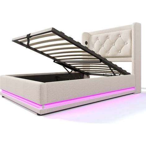 Cama con canapé 90 x 200 cm beige de algodón, cabecero capitoné, LED, USB-C (1/5)