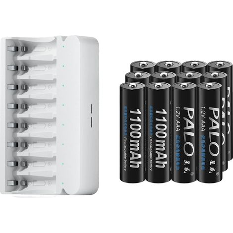 Piles AAA Rechargeables, Capacité de 1100mAh, Chargeur Rapide Compatible, 12 batterie 1 chargeur (1/2)