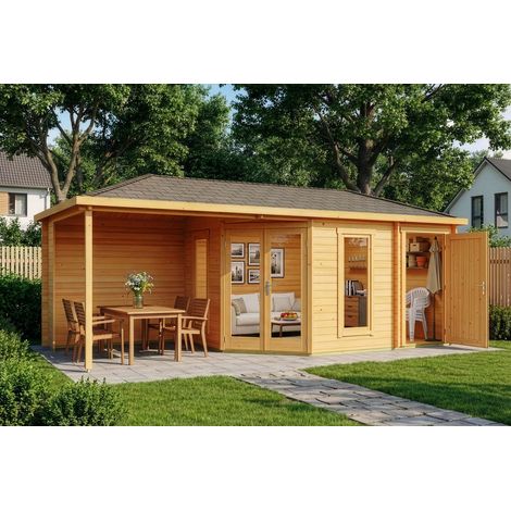 Alpholz Gartenhaus aus Holz in Pinie, Holzhaus mit 28 mm Wandstärke inklusive Terrasse Blockbohlenhaus (1/5)
