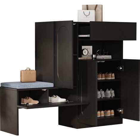Schuhschrank mit 2 Klapptüren und Sitzbank, Soft-Close, höhenverstellbare Einlegeböden, aus Spanplatte, 130×35×110 cm, Schwarz (1/5)