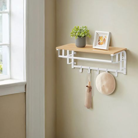 Porte-manteau mural, patère avec 5 crochets amovibles, étagère flottante avec barre de suspension, pour couloir, chambre, salon, couleur chêne et blanc