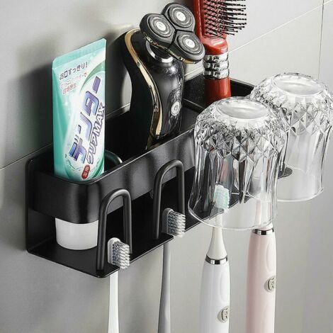 Porte-Brosse à Dents,Porte Brosse à Dents,Porte-Brosse à Dents/Support Mural,Porte-gobelet pour Brosse à Dents,sans perçage,pour Rasoir,Dentifrice,Peigne,Tête de Brosse à Dents (1/5)
