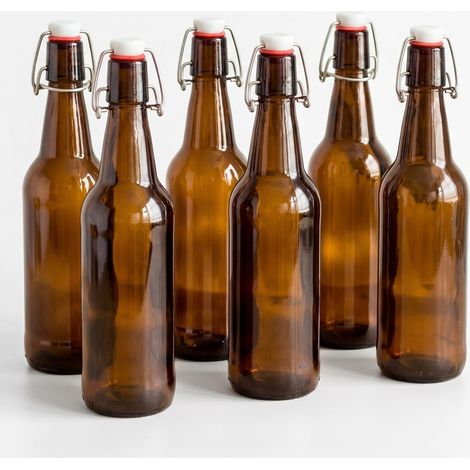 Bouteilles à remplir Relaxdays, lot de 6, flacons en verre, fermeture à levier hermétique, pour huile, alcool, jus, brun