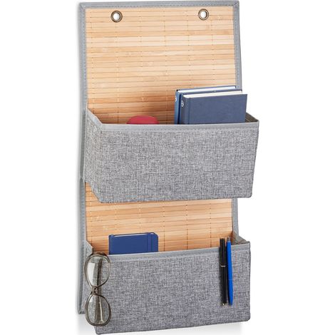 Relaxdays Set of 2 Hanging Organisers, for Bathroom & Hallway, 3 Compartments, 62 x 33 x 12 cm, Bamboo & Fabric, Grey