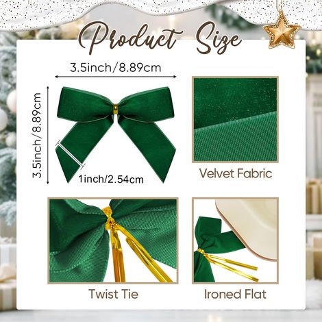 24 nœuds de Noël en velours, nœuds noués pour décorations de Noël, couronnes, emballages cadeaux, mariages, fêtes et décoration intérieure (2,54 cm de large, 8,89 x 8,89 cm, vert foncé) (1/4)