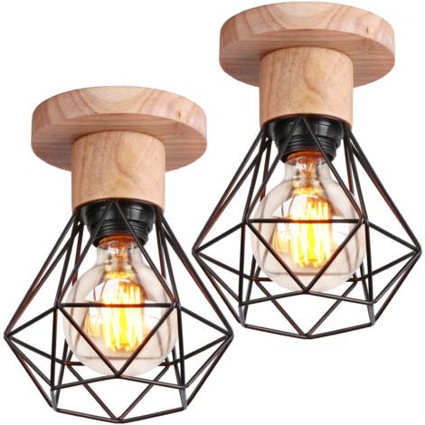 royaluxe- (2PCS)Plafonnier Rétro Luminaire Plafonnier Vintage Noir Plafonnier Moderne Plafonnier Intérieur Lampe De Plafond En Bois Et Métal (1/5)