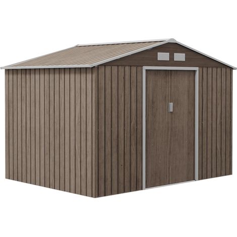 Abri de jardin Outsunny, 4,9 m², toit pentu, porte coulissante, fondation, 277 x 195 x 192 cm, en acier galvanisé, résistant aux intempéries, pour le jardin, marron clair (1/5)