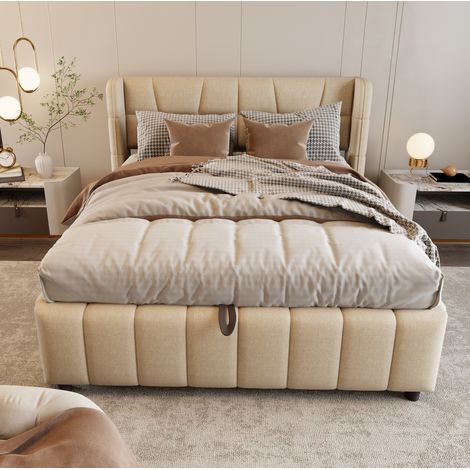 Lit rembourré moderne 140x200 cm avec tête de lit, coffre de rangement relevable, tissu beige, sommier à lattes (1/5)