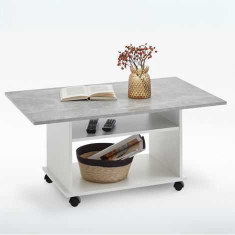 Table basse à roulettes 100x60x44 cm gris béton et blanc (1/6)