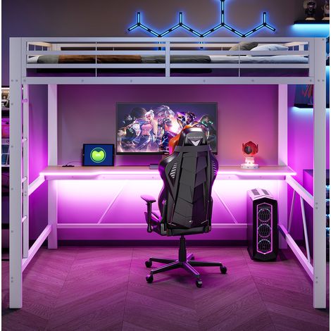 Cama alta gaming 140x200 de metal con escritorio, LED y carga USB, blanco OKMYHOME (1/5)