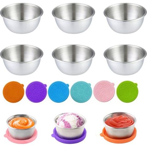 Set di 6 ciotole in acciaio inox per salse/intingoli, diametro 6 cm, capacità 60 ml, riutilizzabili, con coperchio a tenuta stagna, ideali per frutta e insalate. (1/5)