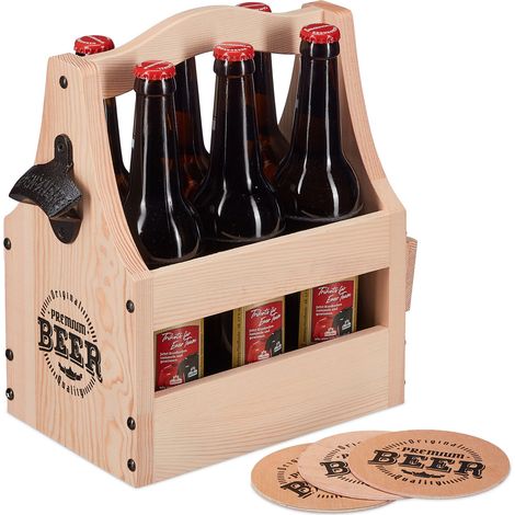 Relaxdays Bierträger aus Holz, mit Flaschenöffner & Bierdeckel, Flaschenträger 6 Flaschen, Männerhandtasche Bier, natur