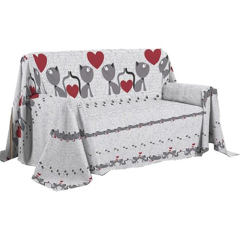 Housse de canapé 250 x 290 cm, fabriquée en Italie, 100% Coton Pur, Motif Chatons Gris, idéal comme Drap d'ameublement, protège-canapé ou Couvre-lit d'été (2 Places) (1/4)