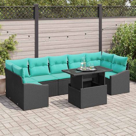 Ensemble de canapé de jardin modulable en polyrotin noir et bleu salon extérieur 8 pièces - PANGIVO (1/5)