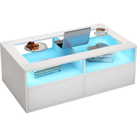 ELVMI Couchtisch mit 2 Schubladen, 2 Offenen Fächern und LED per App, Glas und Spanplatte, Weiß (1/5)