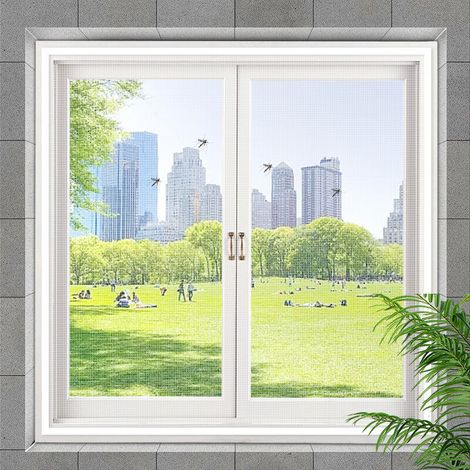 Moustiquaire pour fenêtres, 110 x 100 cm, auto-adhésive, sans perçage, convient aux fenêtres de balcon, de salon et de terrasse, blanche. (1/5)