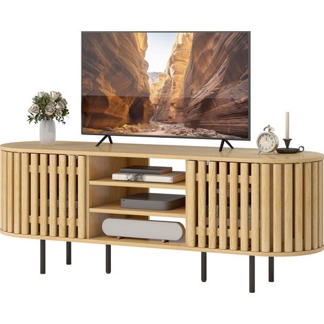 TV-Ständer 140 x 40 x 52 cm, Naturholz, für 60-Zoll-Fernseher, 2 Lamellentüren (1/5)