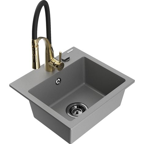 Mexen Milo fregadero de granito de 1 tazón con grifo de cocina Aster, gris - 6505-71-73450-57-B (1/5)