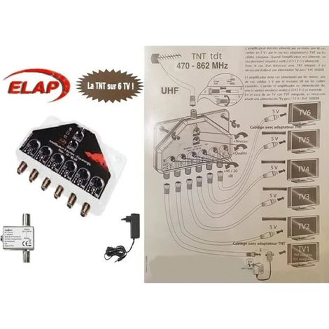Pack amplificateur distributeur TNT RÉGLABLE 40 dB 1 entrée–6 sorties TV (ELAP) + Adaptateur d’Alimentation CATV pour antennes DVB-T (1/3)