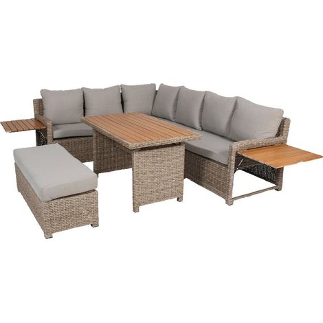 Salon de Jardin Terrasse en Résine Tressée et Bois d’Acacia, Canapé d’Angle Gris 7 Places, Ensemble de Jardin Modulable avec 1 Table de Jardin, 1 Tabouret et 2 Canapés (1/5)