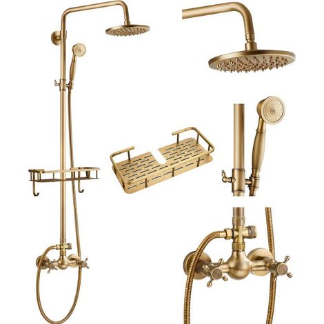 Antique Brass Exposed Shower System, 8 Inch Wall Mounted Rain Shower Head, Dual Cross Handle Mixer with Adjustable Handheld Shower & Holder Rack (1/5)