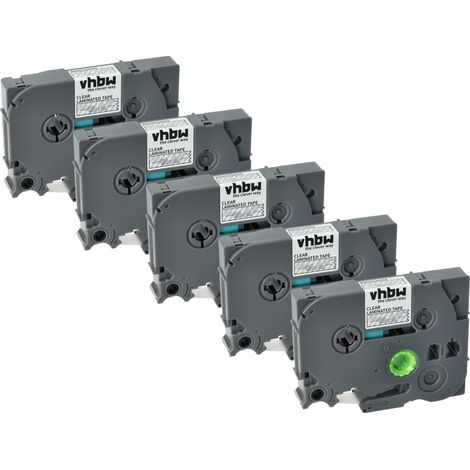 vhbw 5x Label Tape compatible with Brother PT 1900, 200, 1910, 1950, 1950VP, 1960, 18RKT Label Printer 8m x 12 mm, White on Transparent, plastic (1/4)