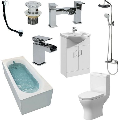 Complete Bathroom Suite 1700 Bath Screen Basin Vanity Unit WC Shower Taps Set (1/5)