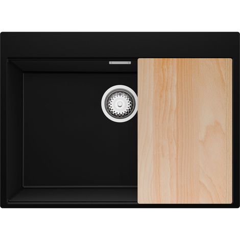 PRIMAGRAN Evier Cuisine en Granit 68x50cm,Lavabo 1 bac + Kit de Vidage + Planche à Découper, Évier à Encastrer au meuble 70cm - Oslo, Noir (1/5)