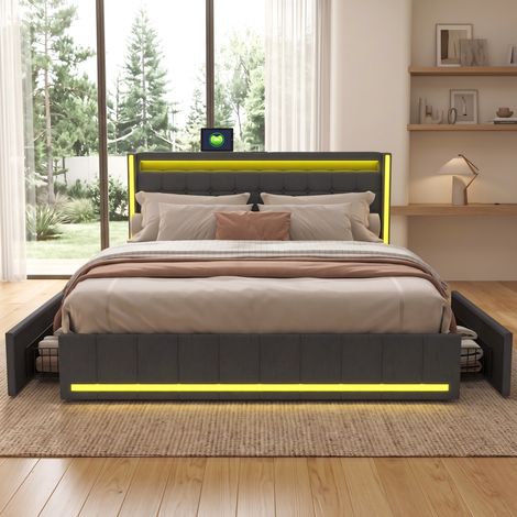 SYEKLAOO Lit avec Sommier LED et USB,lit Double rembourré avec sommier à Lattes et 4 Tiroirs,lit 2 Personnes pour Adultes et Adolescents,Lin- Gris -140 x 190cm (1/5)