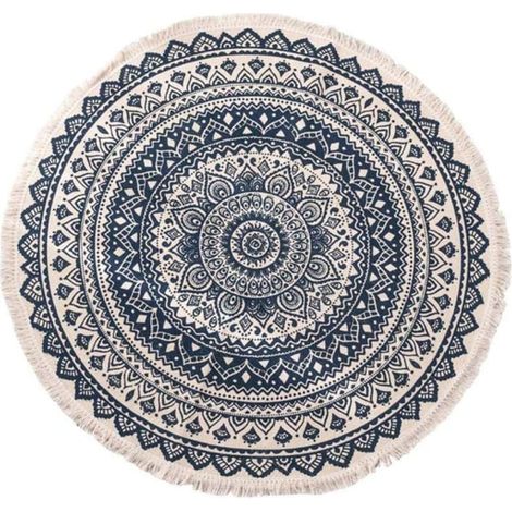 Tapis rond scandinave bleu pour salon chambre, style ethnique, moquette décorative 92x92 cm, idéal sous bureau ou fauteuil, sol moelleux ou jeté de lit, motif nordique (1/5)