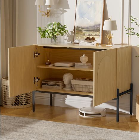 Credenza a 2 ante con piedi in metallo, linee curve, 100 x 40 x 75 cm, naturale, OKWISH (1/5)