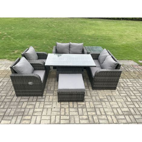 Fimous Rattan Furniture Outdoor Garden Dining Set Patio Height Adjustable Rising lifting Table Love Sofa Chair With Side Table Big Footstool (1/5)