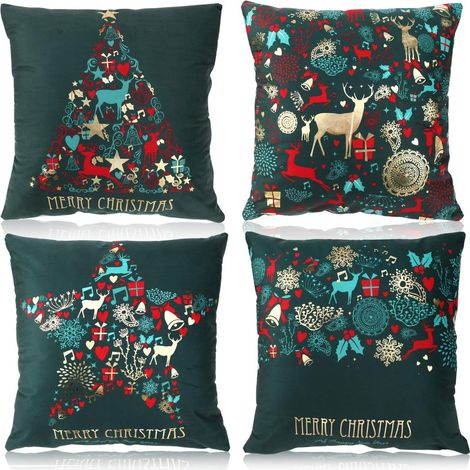 4pcs Vert élégant Joyeux Noël Housses de Coussin Carré,Velours Peau de Pêche Protecteurs de Coussin Taies d'oreiller Decoratif Nouvel an Noël pour Sofa Lit Chaise Salon Maison Décoration GROOFOO