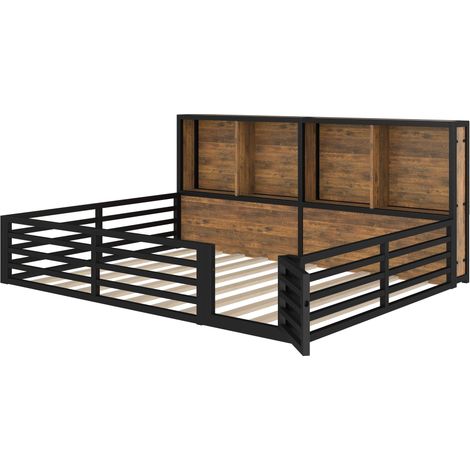 Lit 140x200 cm métal noir avec rangement, structure plateforme robuste, sans matelas