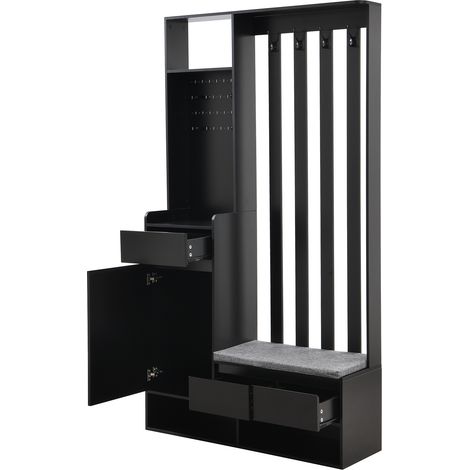 Mobile ingresso con panca imbottita, pannello forato, 4 ganci e cassetto, nero