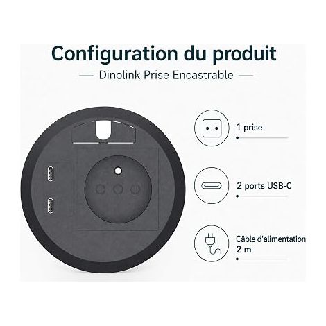 Recessed Socket with USB C PD, Dinolink Recessed Power Strip with 1 Socket, 2 USB C Ports, Desk Power Strip for Worktop, Kitchen, Office, Furniture, Diameter mm, m Cable, Black (1/4)