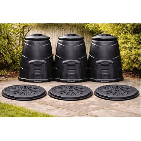 220L Black Garden Compost Bins with Base Plates, Outdoor - 3 Pack