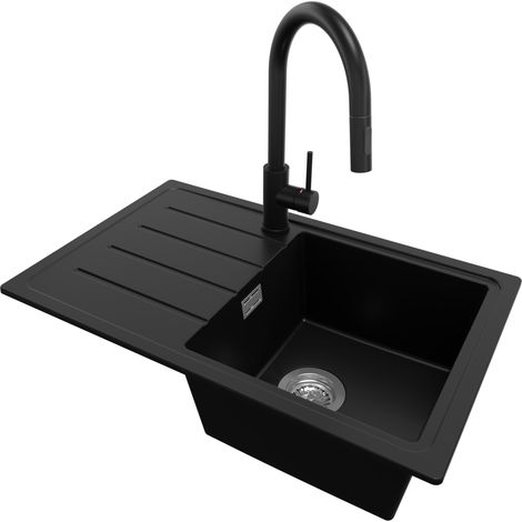 PRIMAGRAN Evier Cuisine en Granit 70x44cm, Lavabo 1 bac + Robinet 40x20cm + Kit de Vidage, Évier à Encastrer au meuble 45cm - Copenhague Easy, Noir