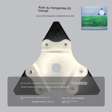 Lame de débroussailleuse triangulaire dentelée en acier 65Mn trempé, diamètre 250mm alésage 25.4mm, lame à trois côtés double face, pour broussailles et herbes à tige épaisse