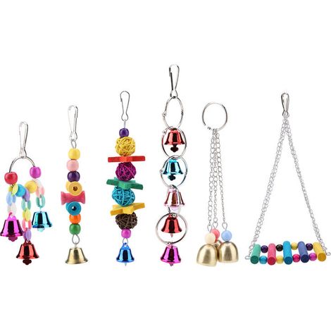 Jeffergarden 6 pièces/ensemble coloré en bois et en métal oiseau de compagnie balanoire jouet cloches perroquet Cage suspendus balanoire jouets-DOU