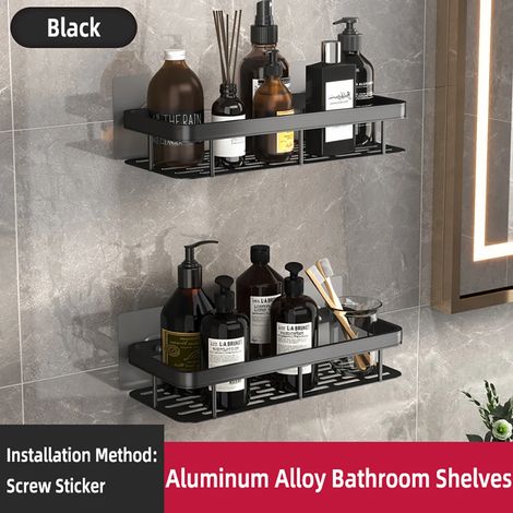 (Noir - Lot de 2) Étagère murale rectangulaire pour salle de bain, porte-serviettes, porte-shampoing mural, support trépied sans perçage. (1/5)