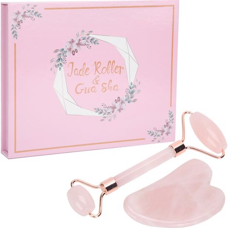 Rosenquarz-Gesichtsroller – Anti-Aging-Massageset mit roségoldenem Gua Sha (1/5)