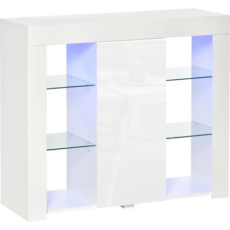 Credenza Moderna a Anta con Luci LED e Mensole in Vetro, Mobile Multiuso in Legno con Finitura Lucida, 97x35x83cm, Bianco